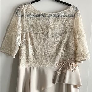 Teri Jon Champagne Lace Asymmetrical Dress